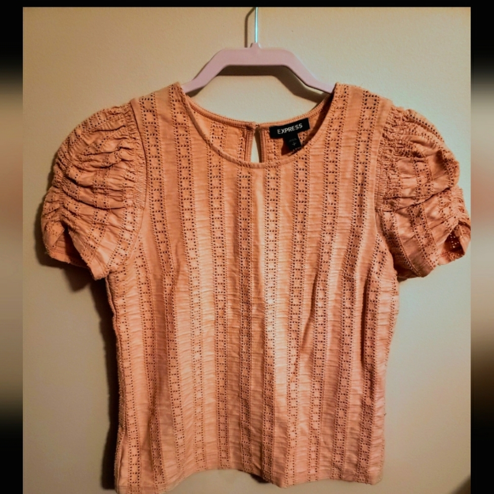 Express Women's Eyelet Puff Short Sleeve Top. Color PINK. Size S